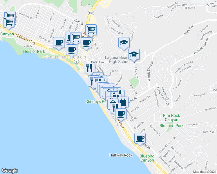 map of restaurants, bars, coffee shops, grocery stores, and more near 684 Glenneyre Street in Laguna Beach