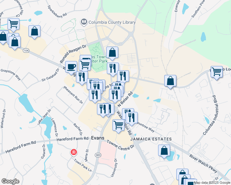 map of restaurants, bars, coffee shops, grocery stores, and more near 601 North Belair Square in Evans