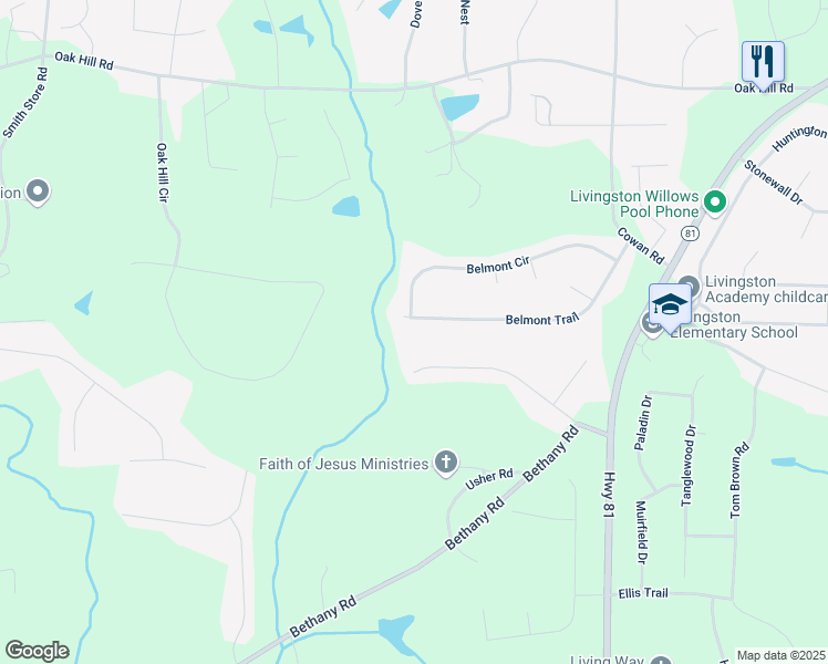 map of restaurants, bars, coffee shops, grocery stores, and more near 285 Belmont Trail in Covington