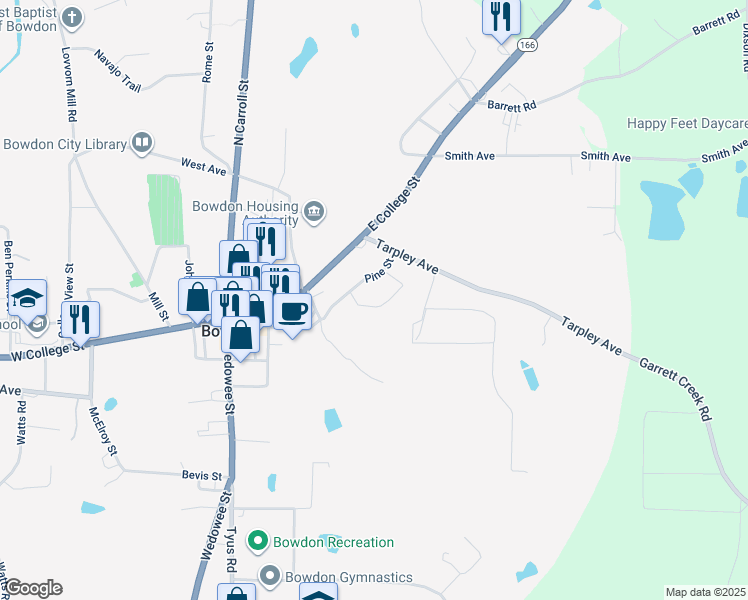 map of restaurants, bars, coffee shops, grocery stores, and more near 320 Pine Circle in Bowdon