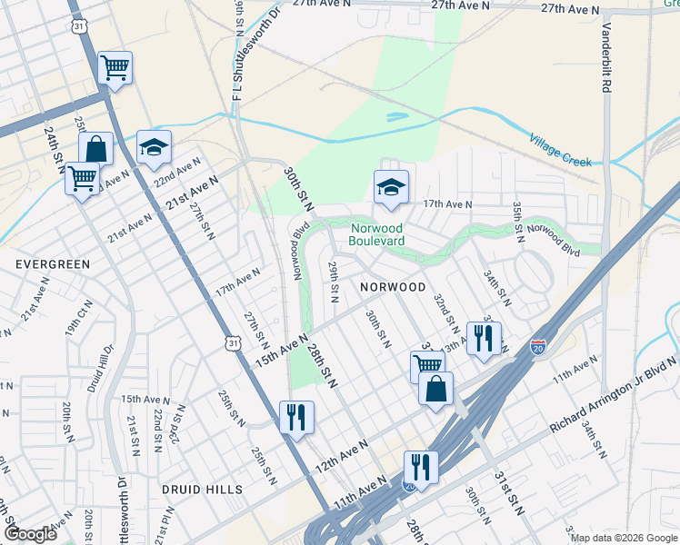 map of restaurants, bars, coffee shops, grocery stores, and more near 1530 29th Street North in Birmingham