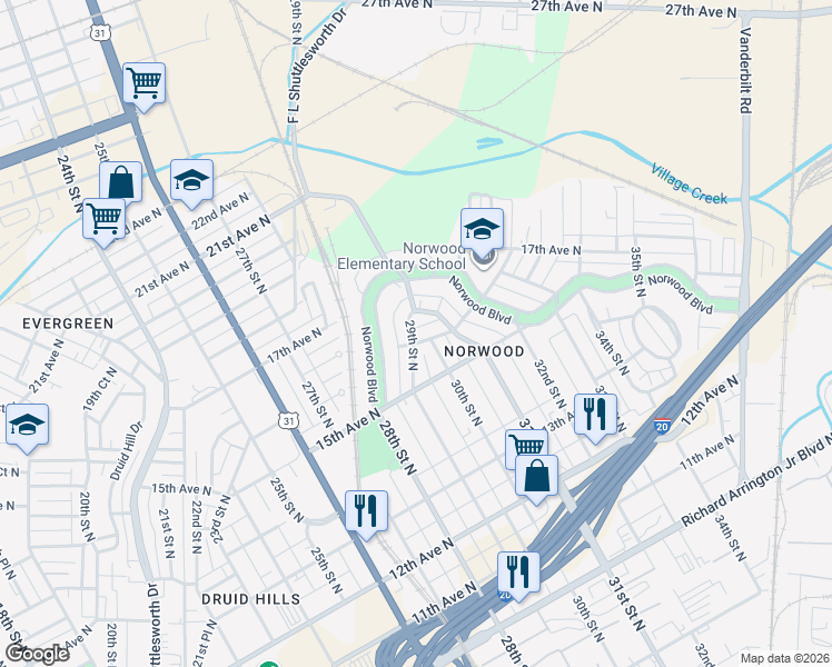 map of restaurants, bars, coffee shops, grocery stores, and more near 1530 29th Street North in Birmingham