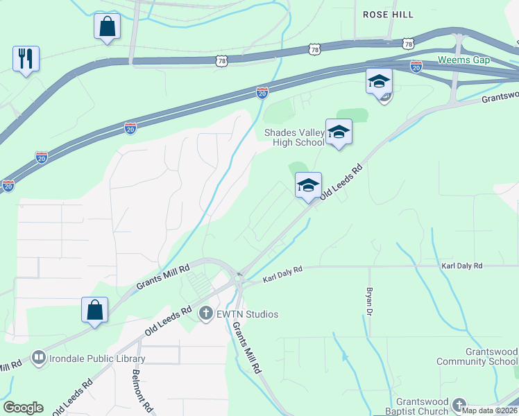 map of restaurants, bars, coffee shops, grocery stores, and more near 5946 Old Leeds Road in Irondale