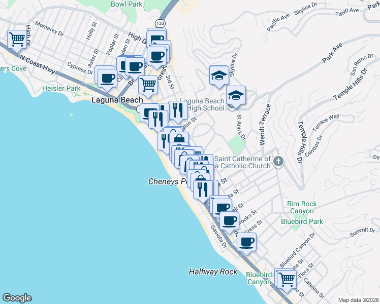 map of restaurants, bars, coffee shops, grocery stores, and more near 325 Los Olivos in Laguna Beach