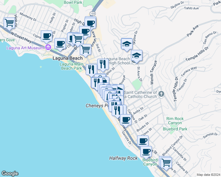 map of restaurants, bars, coffee shops, grocery stores, and more near 666 Glenneyre Street in Laguna Beach