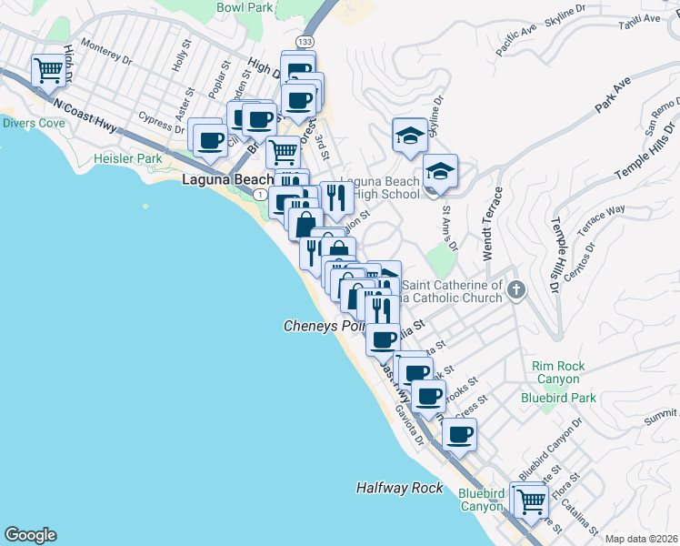 map of restaurants, bars, coffee shops, grocery stores, and more near 665 Ramona Avenue in Laguna Beach