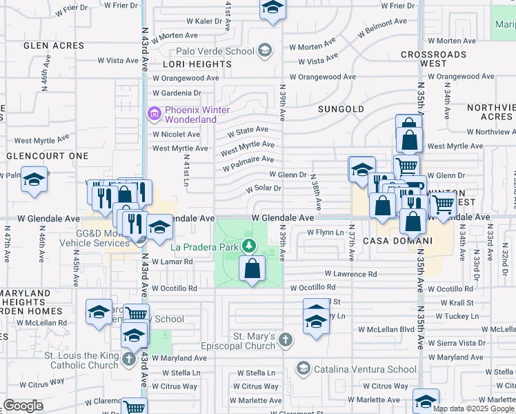map of restaurants, bars, coffee shops, grocery stores, and more near 3955 West Cactus Wren Drive in Phoenix
