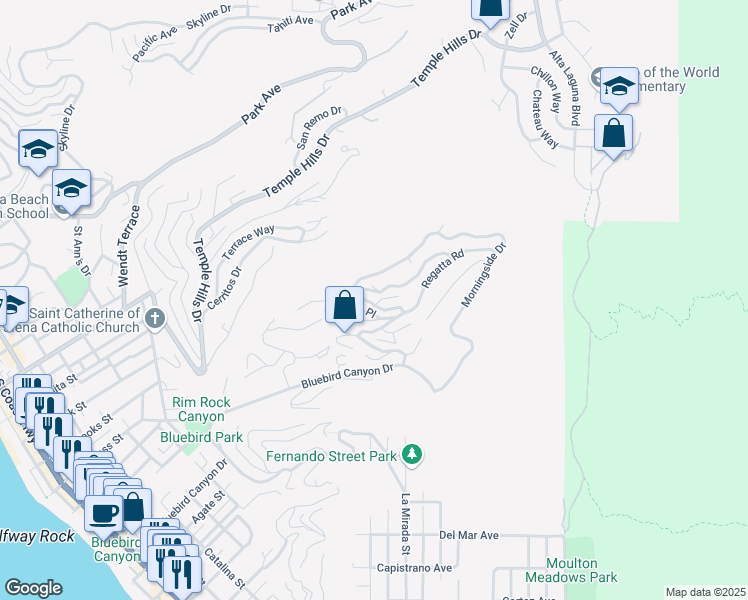 map of restaurants, bars, coffee shops, grocery stores, and more near 1465 Bluebird Canyon Drive in Laguna Beach