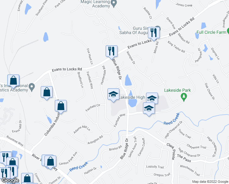 map of restaurants, bars, coffee shops, grocery stores, and more near 306 Commons Drive in Evans