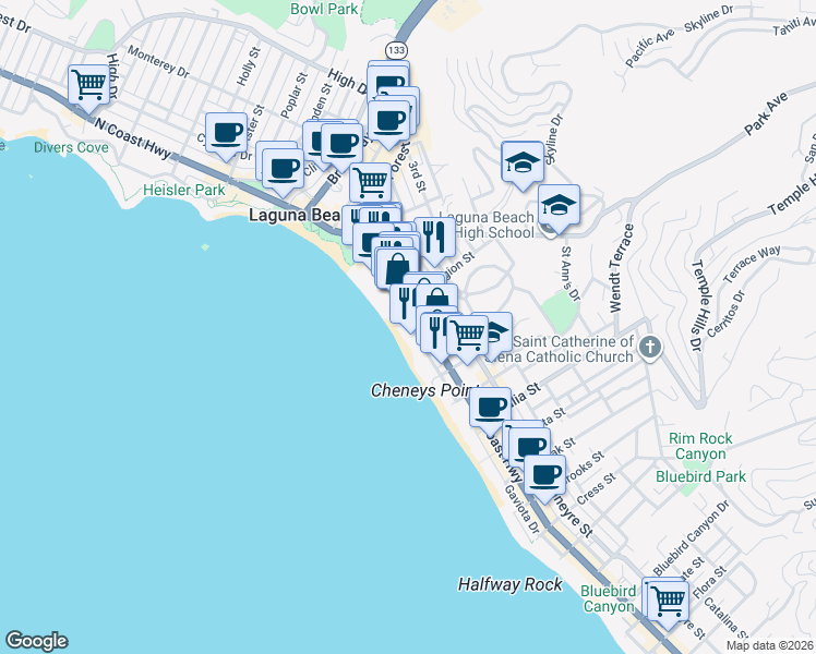 map of restaurants, bars, coffee shops, grocery stores, and more near 629 South Coast Highway in Laguna Beach