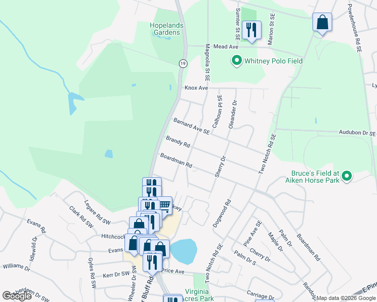 map of restaurants, bars, coffee shops, grocery stores, and more near 840 Boardman Road in Aiken