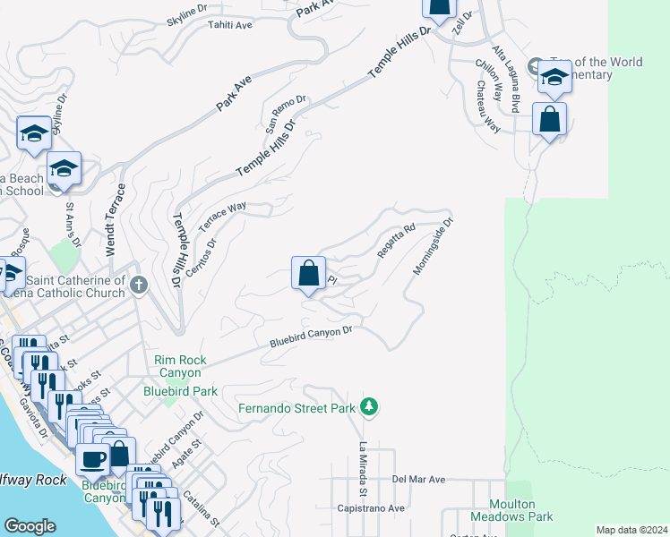map of restaurants, bars, coffee shops, grocery stores, and more near 1465 Bluebird Canyon Drive in Laguna Beach