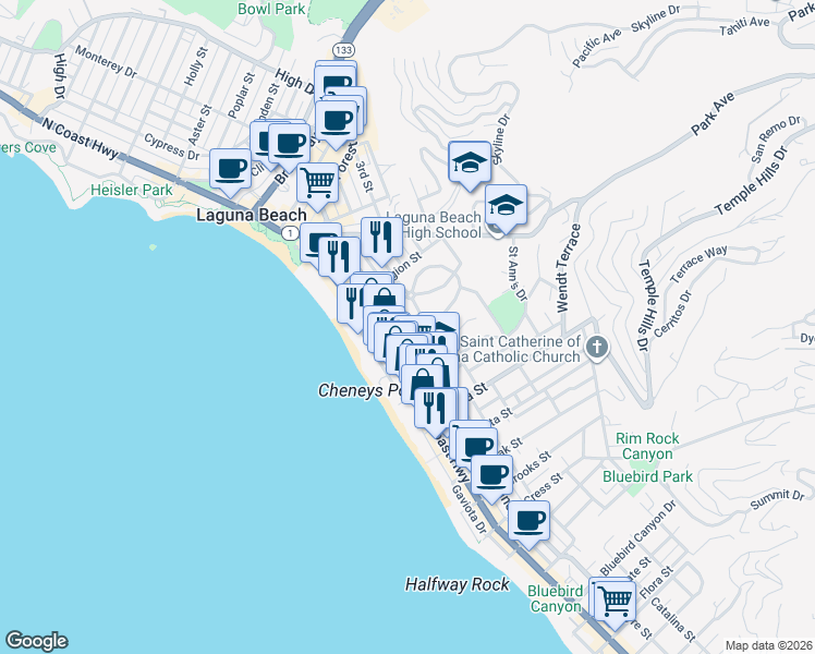 map of restaurants, bars, coffee shops, grocery stores, and more near 325 Los Olivos in Laguna Beach