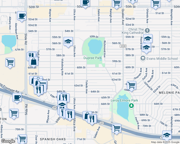 map of restaurants, bars, coffee shops, grocery stores, and more near 4616 61st Street in Lubbock