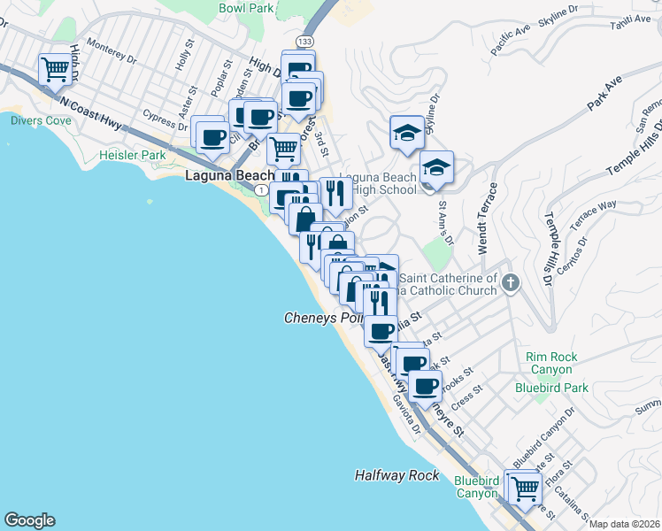 map of restaurants, bars, coffee shops, grocery stores, and more near in Laguna Beach