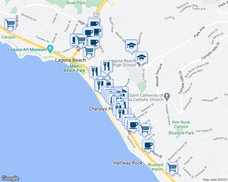 map of restaurants, bars, coffee shops, grocery stores, and more near 660 Glenneyre Street in Laguna Beach