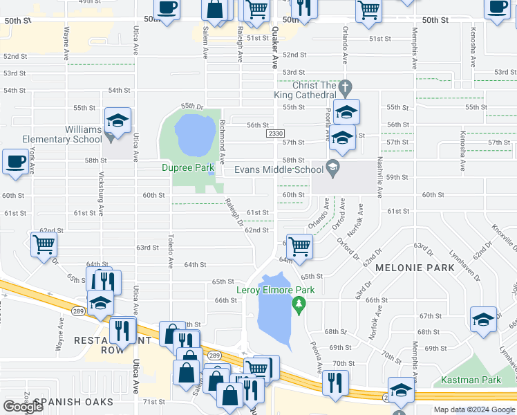 map of restaurants, bars, coffee shops, grocery stores, and more near 4410 61st Street in Lubbock