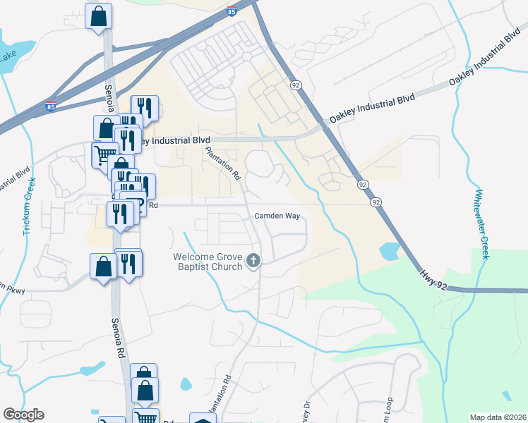 map of restaurants, bars, coffee shops, grocery stores, and more near 14 Camden Way in Fairburn