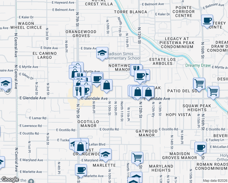 map of restaurants, bars, coffee shops, grocery stores, and more near 1002 East Glendale Avenue in Phoenix