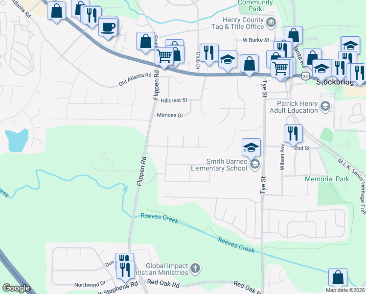 map of restaurants, bars, coffee shops, grocery stores, and more near 150 Appleton Boulevard in Stockbridge