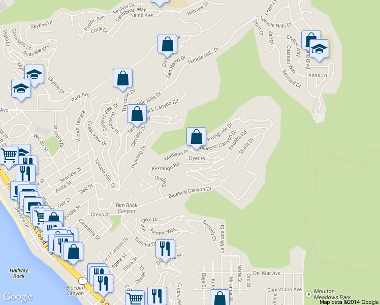 map of restaurants, bars, coffee shops, grocery stores, and more near 1494 Bluebird Canyon Drive in Laguna Beach