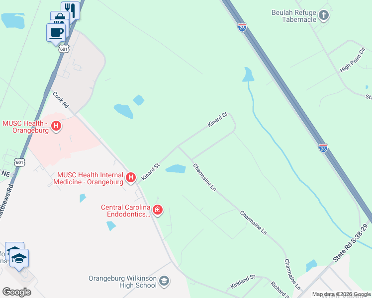 map of restaurants, bars, coffee shops, grocery stores, and more near 190 Kinard Street in Orangeburg