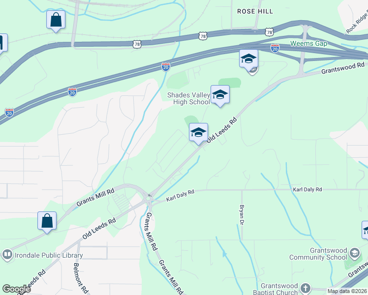 map of restaurants, bars, coffee shops, grocery stores, and more near 5889 Old Leeds Road in Irondale