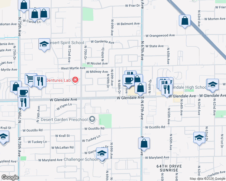 map of restaurants, bars, coffee shops, grocery stores, and more near 6846 West Glendale Avenue in Glendale
