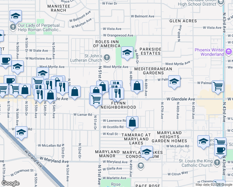 map of restaurants, bars, coffee shops, grocery stores, and more near in Glendale