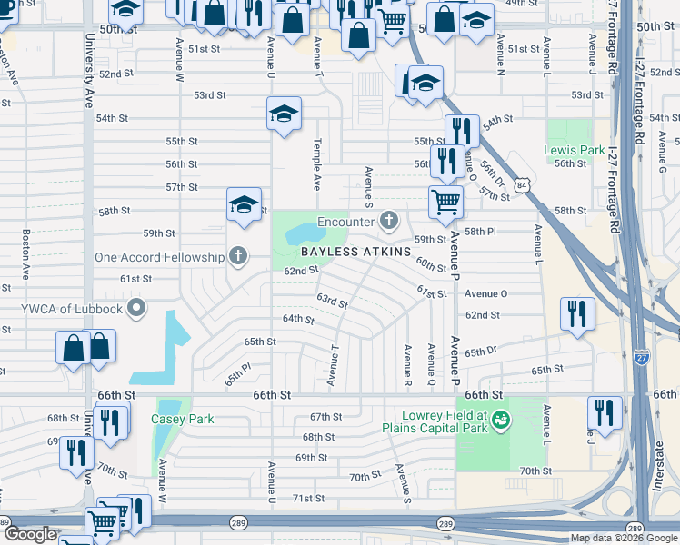 map of restaurants, bars, coffee shops, grocery stores, and more near 2010 63rd Street in Lubbock