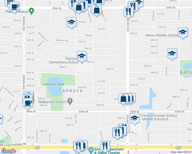 map of restaurants, bars, coffee shops, grocery stores, and more near 2719 60th Street in Lubbock