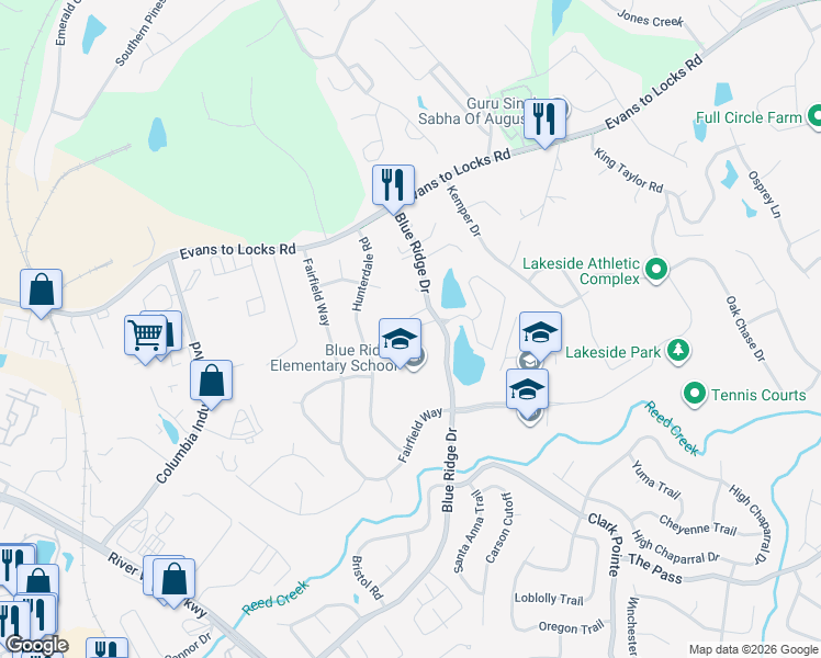 map of restaurants, bars, coffee shops, grocery stores, and more near 550 Blue Ridge Drive in Evans