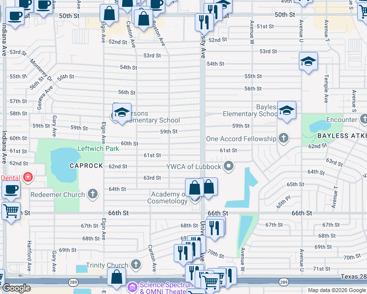 map of restaurants, bars, coffee shops, grocery stores, and more near 2515 61st Street in Lubbock
