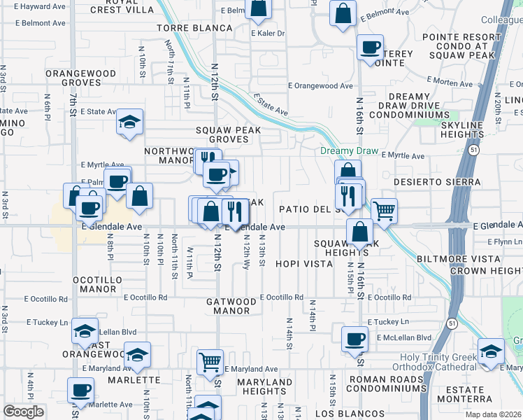 map of restaurants, bars, coffee shops, grocery stores, and more near 7001 North 13th Street in Phoenix