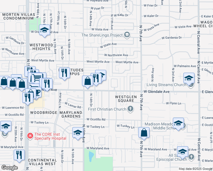 map of restaurants, bars, coffee shops, grocery stores, and more near 1102 West Glendale Avenue in Phoenix