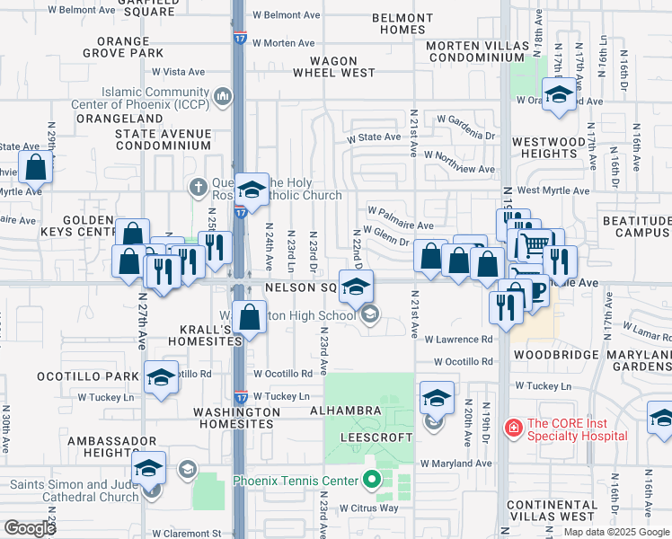 map of restaurants, bars, coffee shops, grocery stores, and more near 2228 West Glendale Avenue in Phoenix