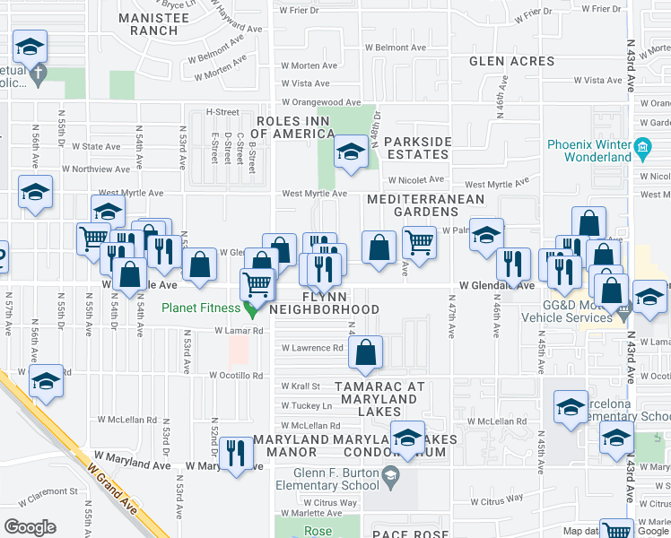 map of restaurants, bars, coffee shops, grocery stores, and more near 4918 West Glendale Avenue in Glendale