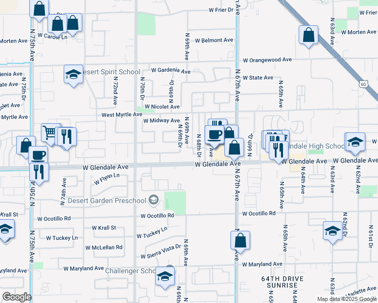 map of restaurants, bars, coffee shops, grocery stores, and more near 6846 West Glendale Avenue in Glendale