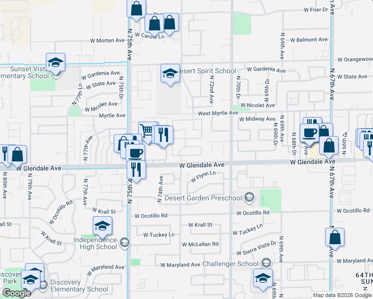 map of restaurants, bars, coffee shops, grocery stores, and more near 7267 West Cactus Wren Drive in Glendale