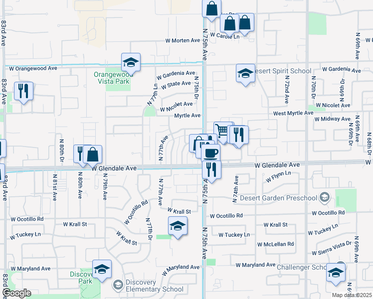 map of restaurants, bars, coffee shops, grocery stores, and more near 7010 North 76th Avenue in Glendale