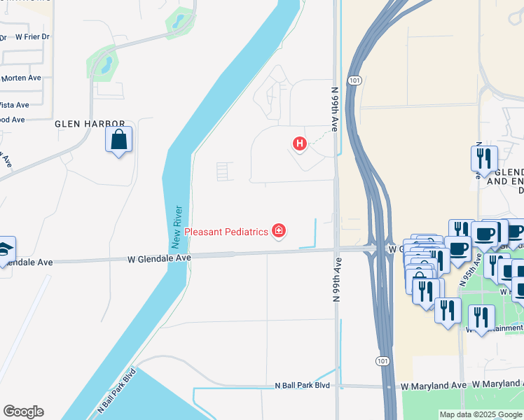map of restaurants, bars, coffee shops, grocery stores, and more near 10020 W Glendale Ave in Glendale