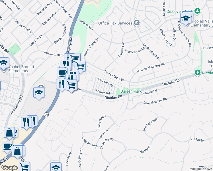 map of restaurants, bars, coffee shops, grocery stores, and more near 39566 Sarah Drive in Temecula