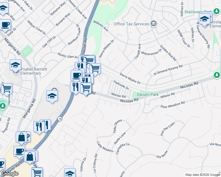 map of restaurants, bars, coffee shops, grocery stores, and more near 27497 Marian Road in Temecula
