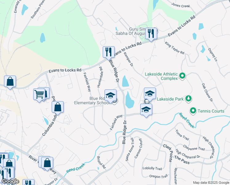 map of restaurants, bars, coffee shops, grocery stores, and more near 550 Blue Ridge Drive in Evans