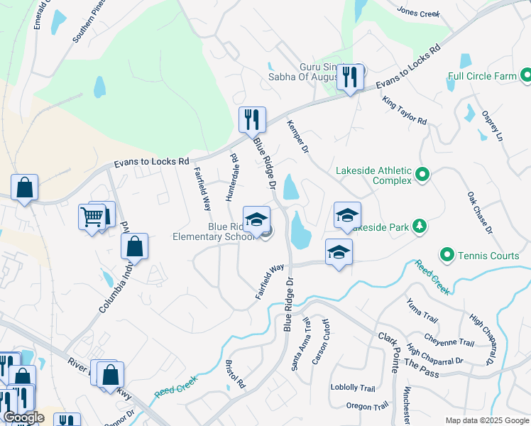 map of restaurants, bars, coffee shops, grocery stores, and more near 550 Blue Ridge Drive in Evans