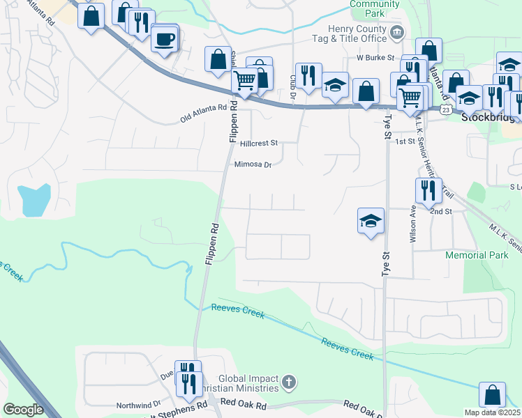 map of restaurants, bars, coffee shops, grocery stores, and more near 124 Appleton Boulevard in Stockbridge