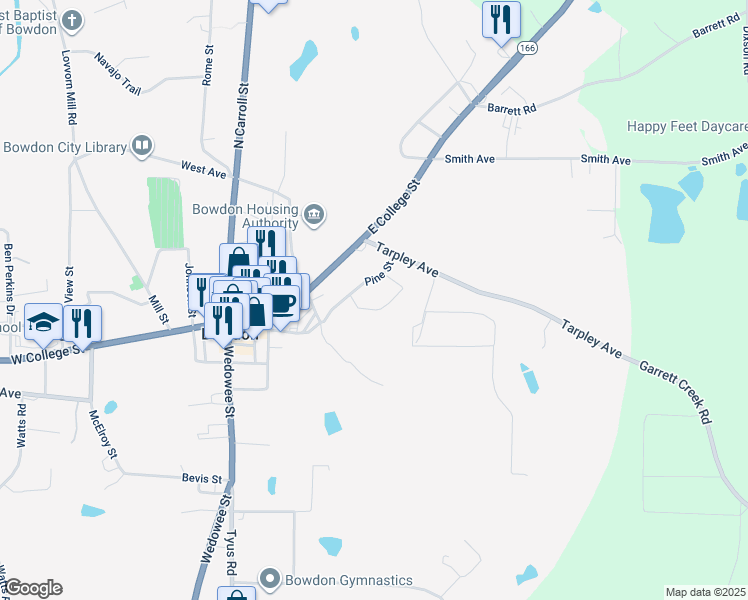map of restaurants, bars, coffee shops, grocery stores, and more near 320 Pine Circle in Bowdon