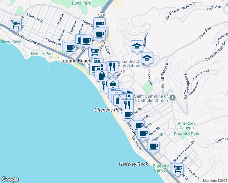 map of restaurants, bars, coffee shops, grocery stores, and more near 646 Ramona Avenue in Laguna Beach