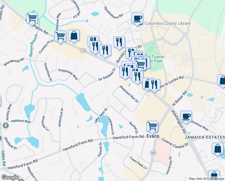 map of restaurants, bars, coffee shops, grocery stores, and more near 483 Pheasant Run Drive in Evans