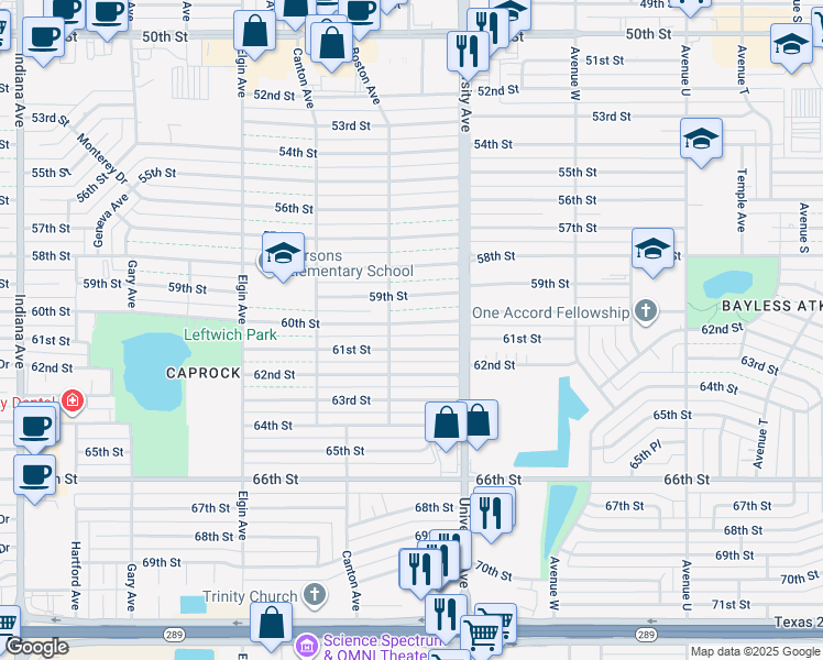 map of restaurants, bars, coffee shops, grocery stores, and more near 2515 60th Street in Lubbock